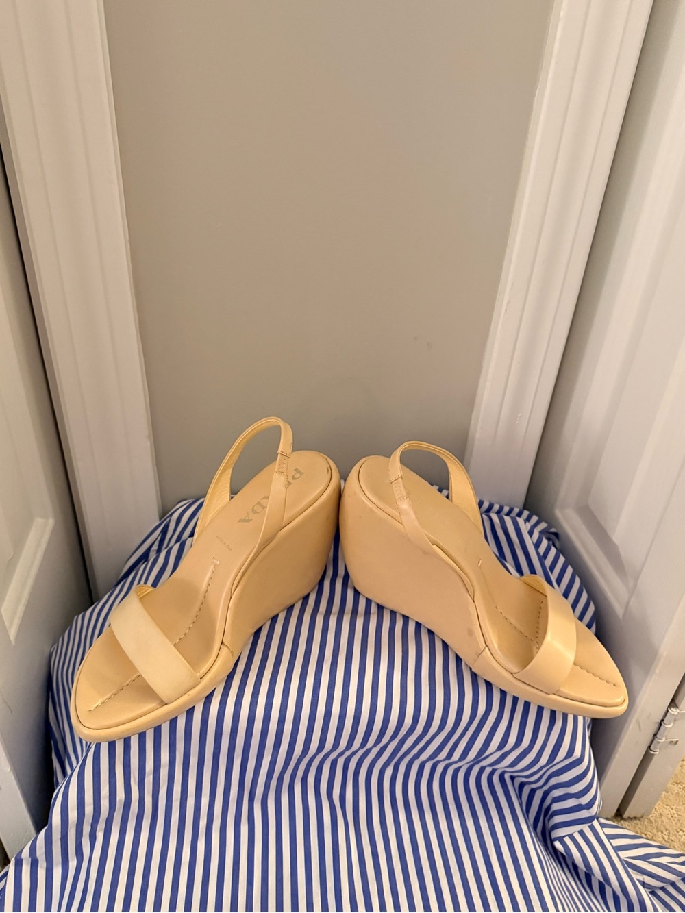 Prada Nude Beige Slingback Wedge Sandals